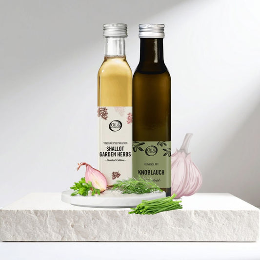 Perfect Match: EVOO Knoblauch & Schalotten - Gartenkräuter Agrodolce 2x250ml - oilvinegar.ch